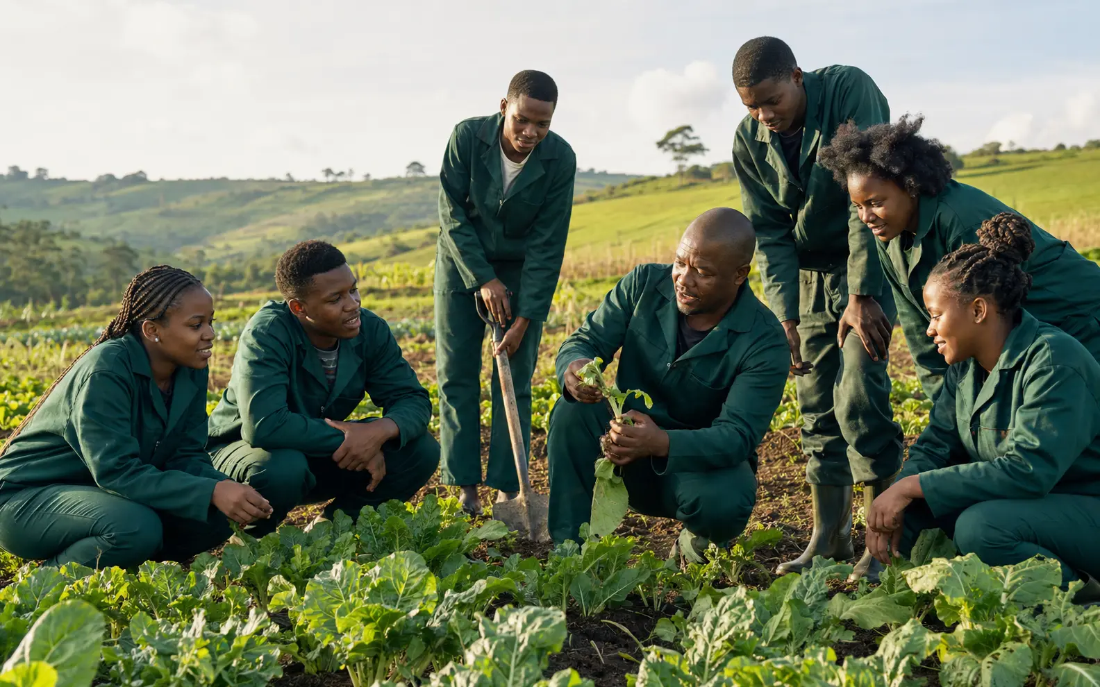 Agricultural trainees learning practical crop production with a mentor
