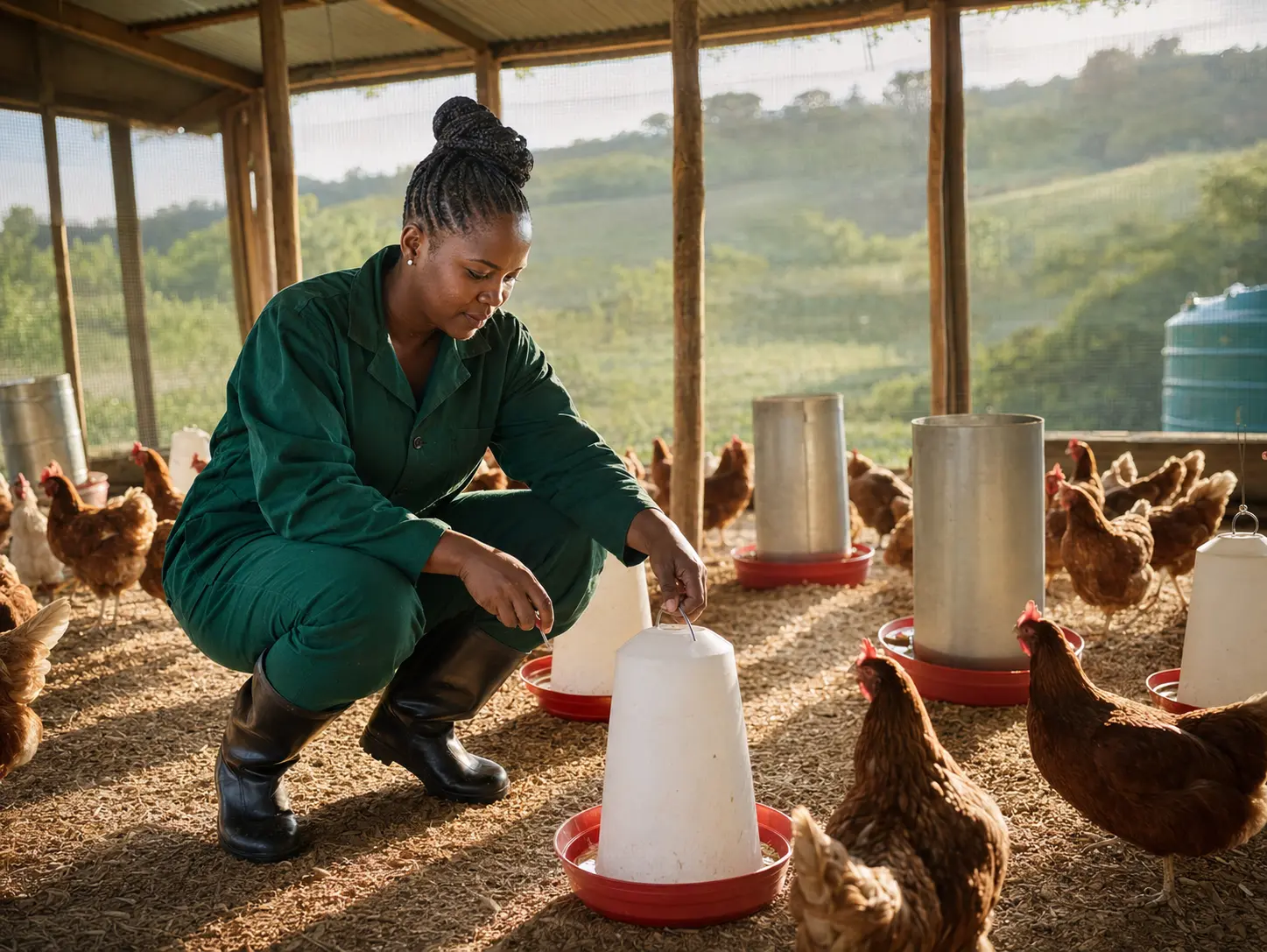 Emerging poultry farmer working with a healthy flock